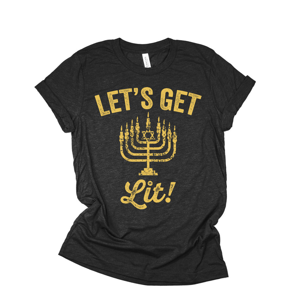 Hanukkah Shirt - Let's Get Lit - Funny Jewish Hanukkah Menorah Distressed Unisex T-Shirt