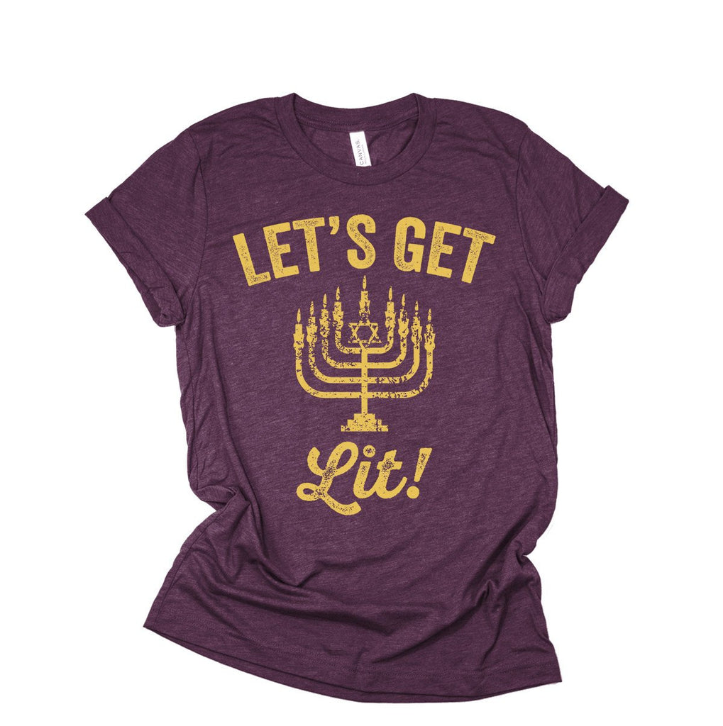 Hanukkah Shirt - Let's Get Lit - Funny Jewish Hanukkah Menorah Distressed Unisex T-Shirt