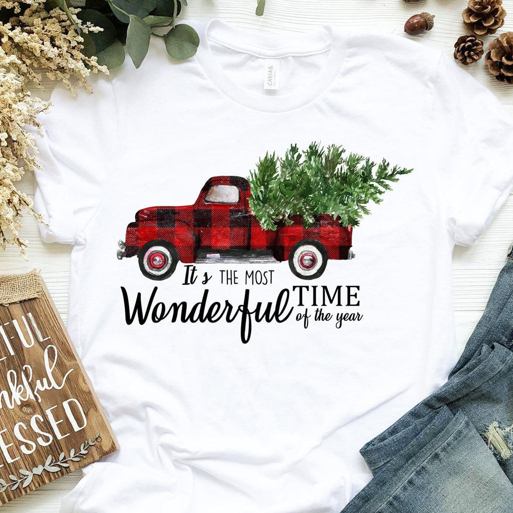 Christmas Shirt - Buffalo Plaid Vintage Truck Shirt - Most Wonderful Time Of The Year - Christmas Tree - Unisex Graphic Tee