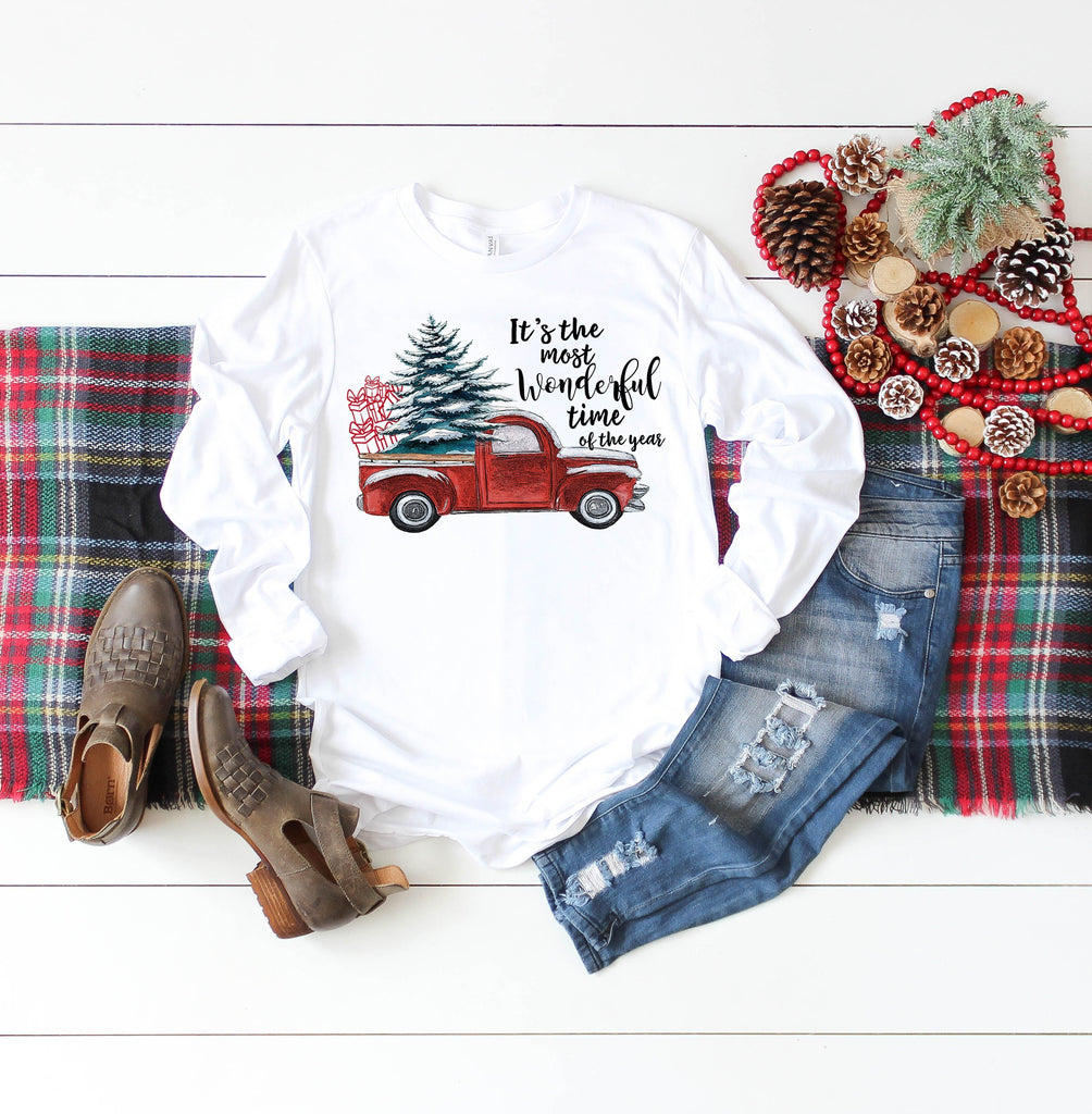 Red Truck Christmas Shirt - Christmas Tree - Christmas Gifts - Most Wonderful Time Of The Year - Bella Canvas Unisex Long Sleeve Tee