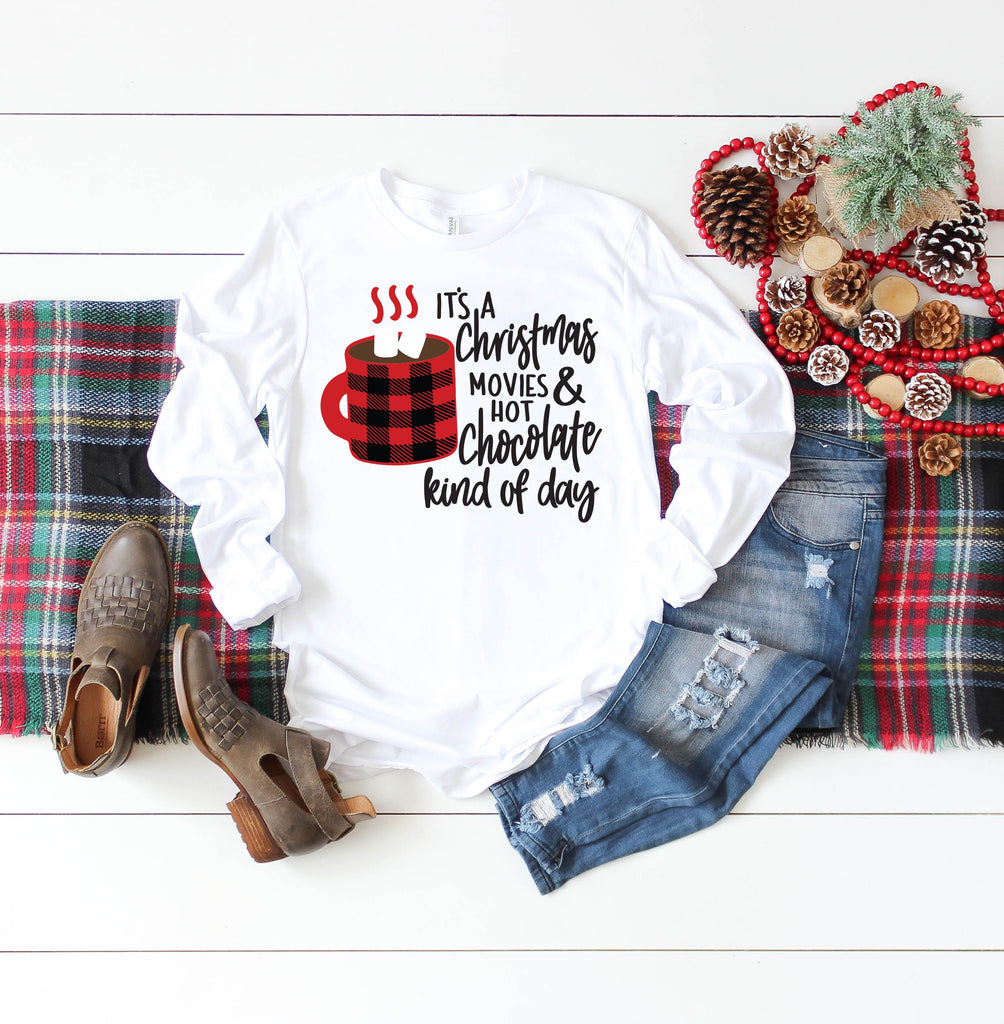 Christmas Movie Long Sleeve Shirt - Buffalo Plaid - Christmas Shirt - Christmas Gifts - Holiday Shirt - Hot Chocolate - Unisex LS Shirt