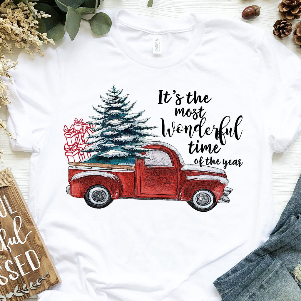Vintage Red Truck Christmas Shirt - Most Wonderful Time Of The Year - Snow Covered Christmas Tree - Unisex Graphic Tee
