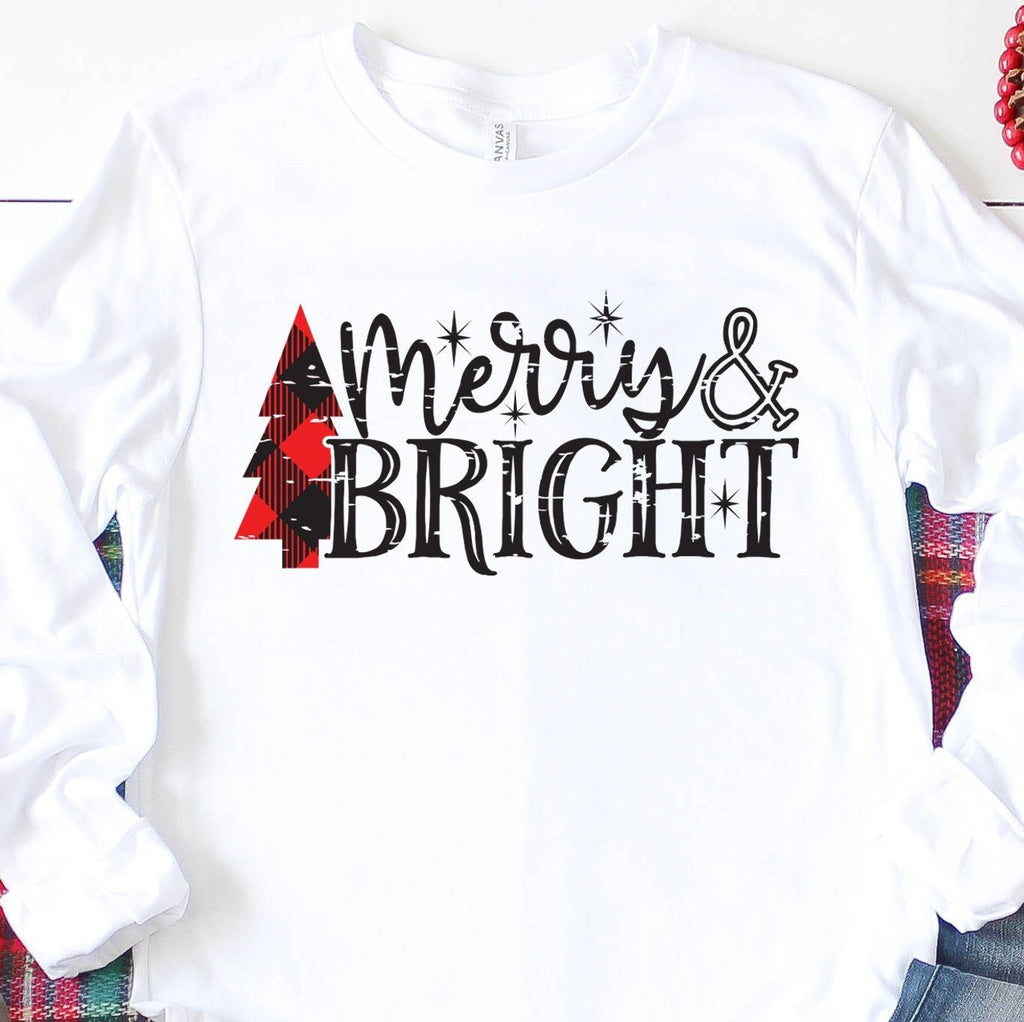 Merry And Bright Long Sleeve Shirt - Buffalo Plaid - Christmas Shirt - Christmas Gifts - Christmas Tree - Bella Canvas Unisex LS Shirt