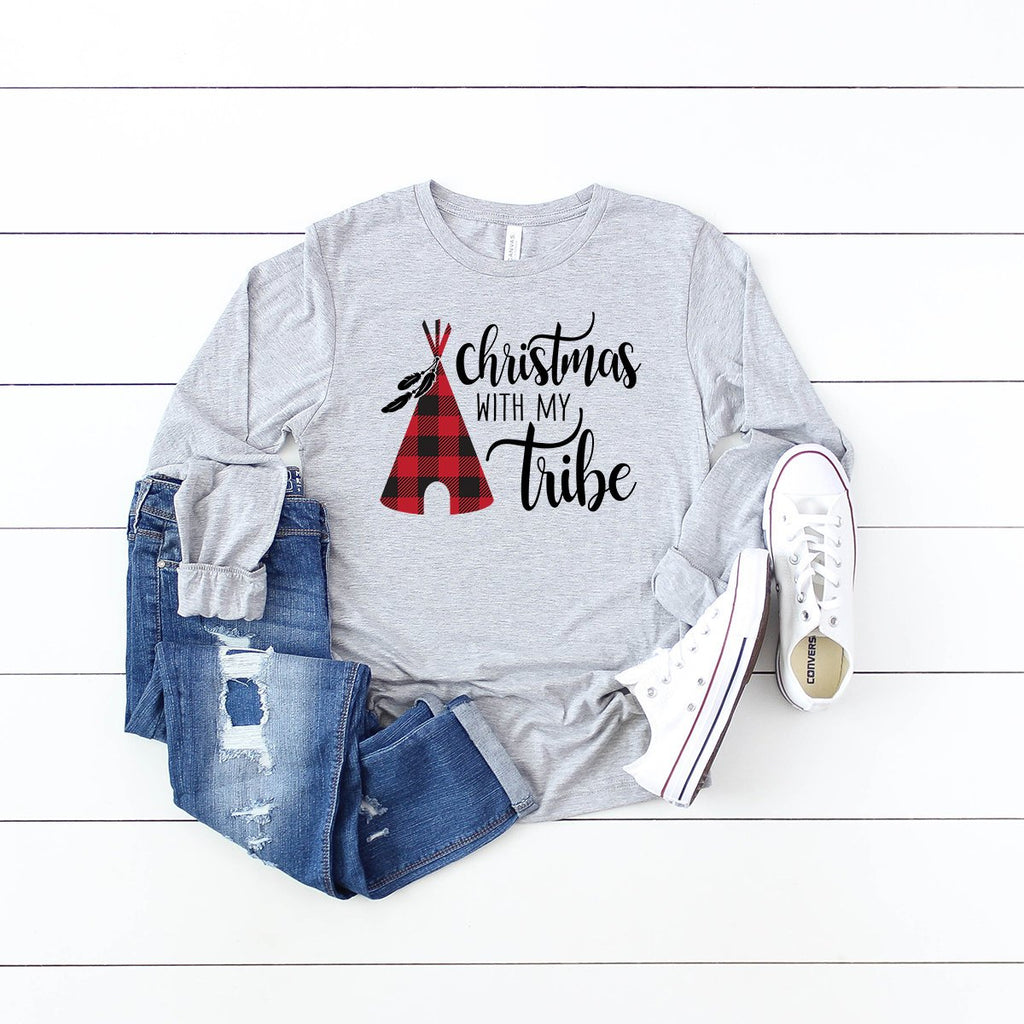 Christmas With My Tribe Long Sleeve Shirt - Buffalo Plaid Christmas Shirts - Family Matching Shirts - Christmas Pajamas - Bella Canvas Shirt