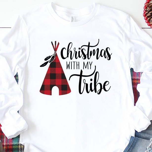 Christmas With My Tribe Long Sleeve Shirt - Buffalo Plaid Christmas Shirts - Family Matching Shirts - Christmas Pajamas - Bella Canvas Shirt