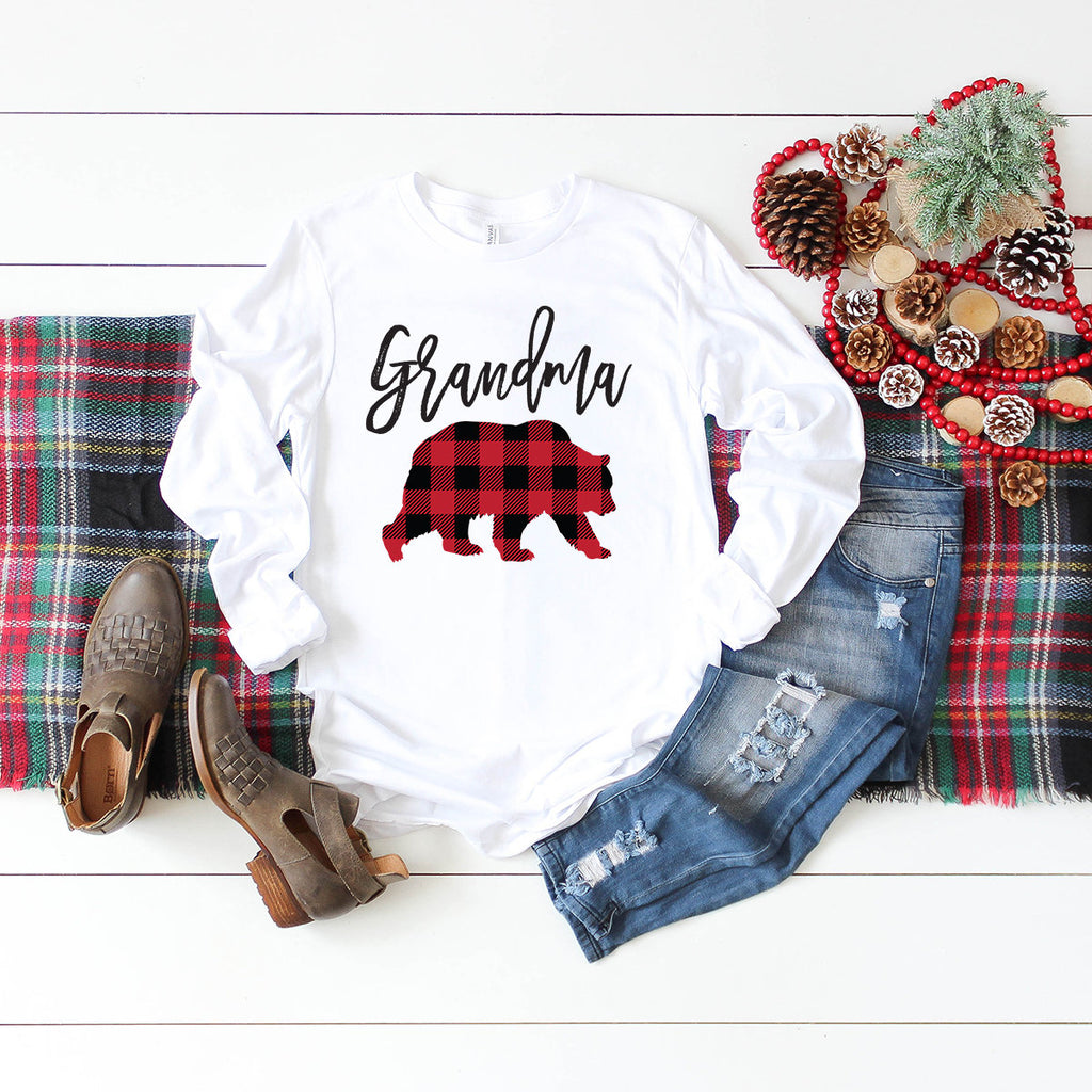 Grandma Bear Long Sleeve Shirt - Buffalo Plaid - Mom Shirt - Gifts For Mom - Bear Family Shirts - Grandma To Be - Bella Canvas