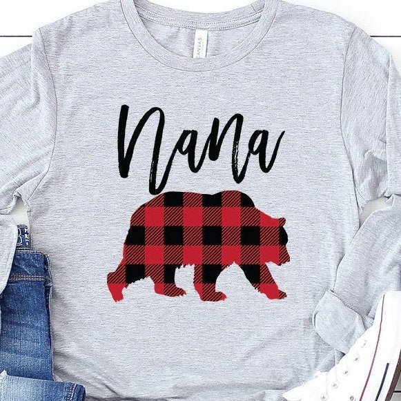 Nana Bear Long Sleeve Shirt - Buffalo Plaid - Mom Shirt - Gifts For Mom - Bear Family Shirts - Grandma To Be - Bella Canvas