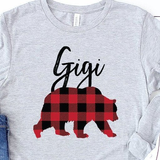 Gigi Bear Long Sleeve Shirt - Buffalo Plaid - Mom Shirt - Gifts For Mom - Bear Family Shirts - Grandma To Be - Bella Canvas