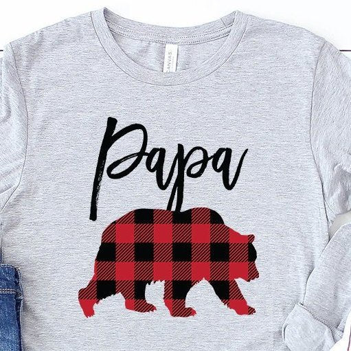 Papa Bear Long Sleeve Shirt - Buffalo Plaid - Dad Shirt - Gifts For Grandfather - Bear Family Shirts - Grandpa To Be - Bella Canvas