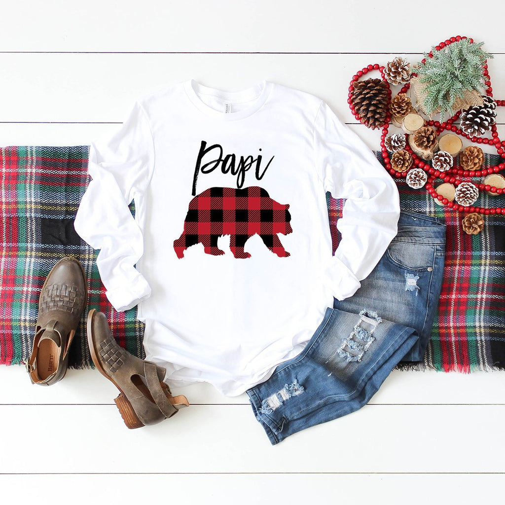 Papi Bear Long Sleeve Shirt - Buffalo Plaid - Dad Shirt - Gifts For Grandfather - Bear Family Shirts - Grandpa To Be - Bella Canvas