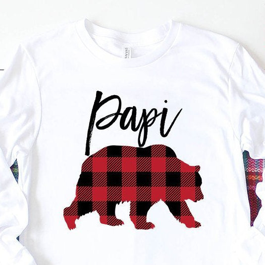 Papi Bear Long Sleeve Shirt - Buffalo Plaid - Dad Shirt - Gifts For Grandfather - Bear Family Shirts - Grandpa To Be - Bella Canvas