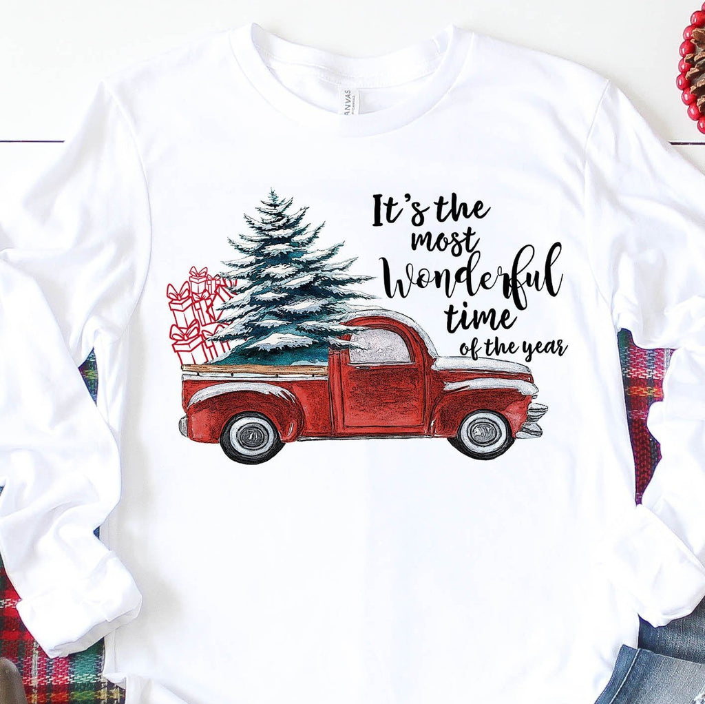 Red Truck Christmas Shirt - Christmas Tree - Christmas Gifts - Most Wonderful Time Of The Year - Bella Canvas Unisex Long Sleeve Tee