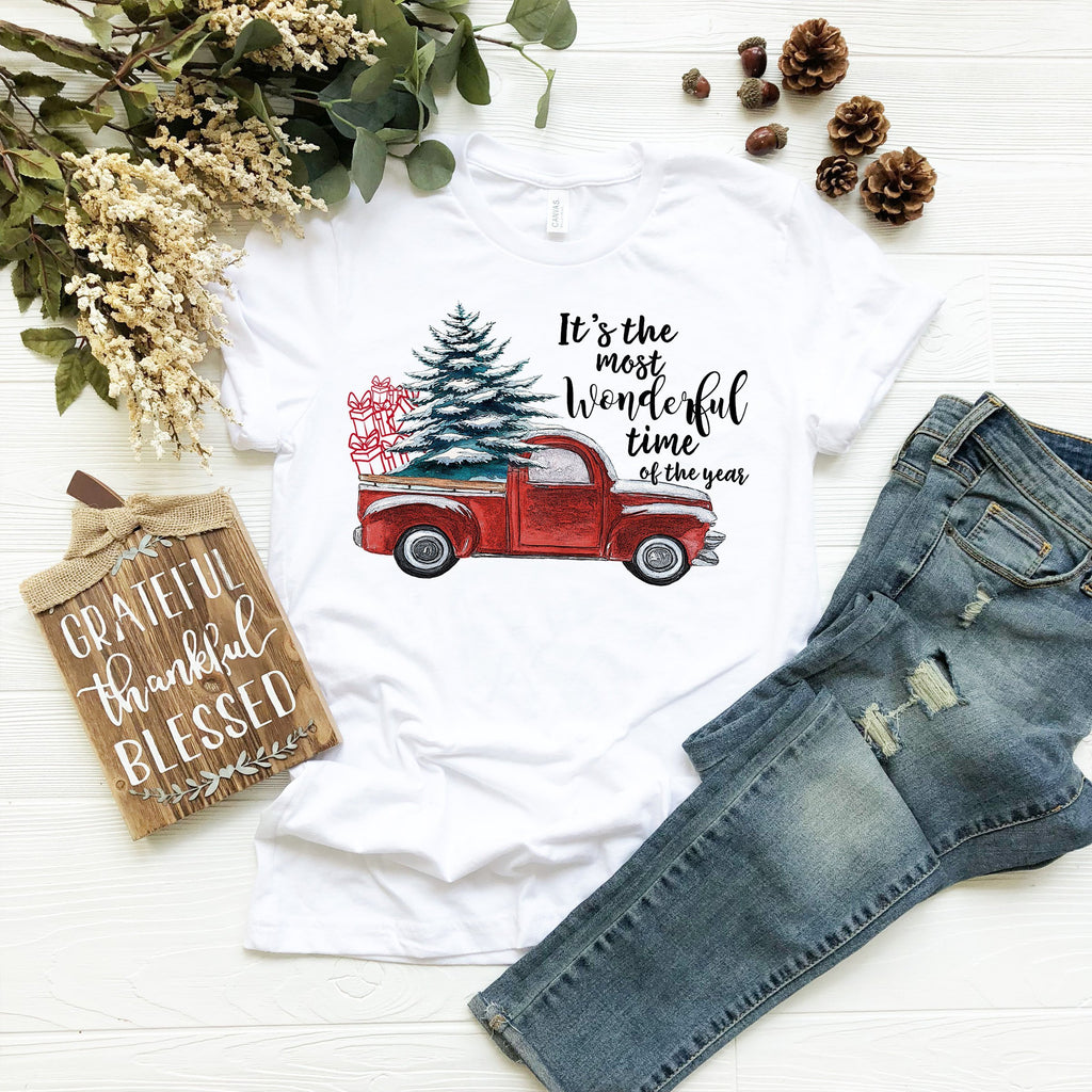 Vintage Red Truck Christmas Shirt - Most Wonderful Time Of The Year - Snow Covered Christmas Tree - Unisex Graphic Tee