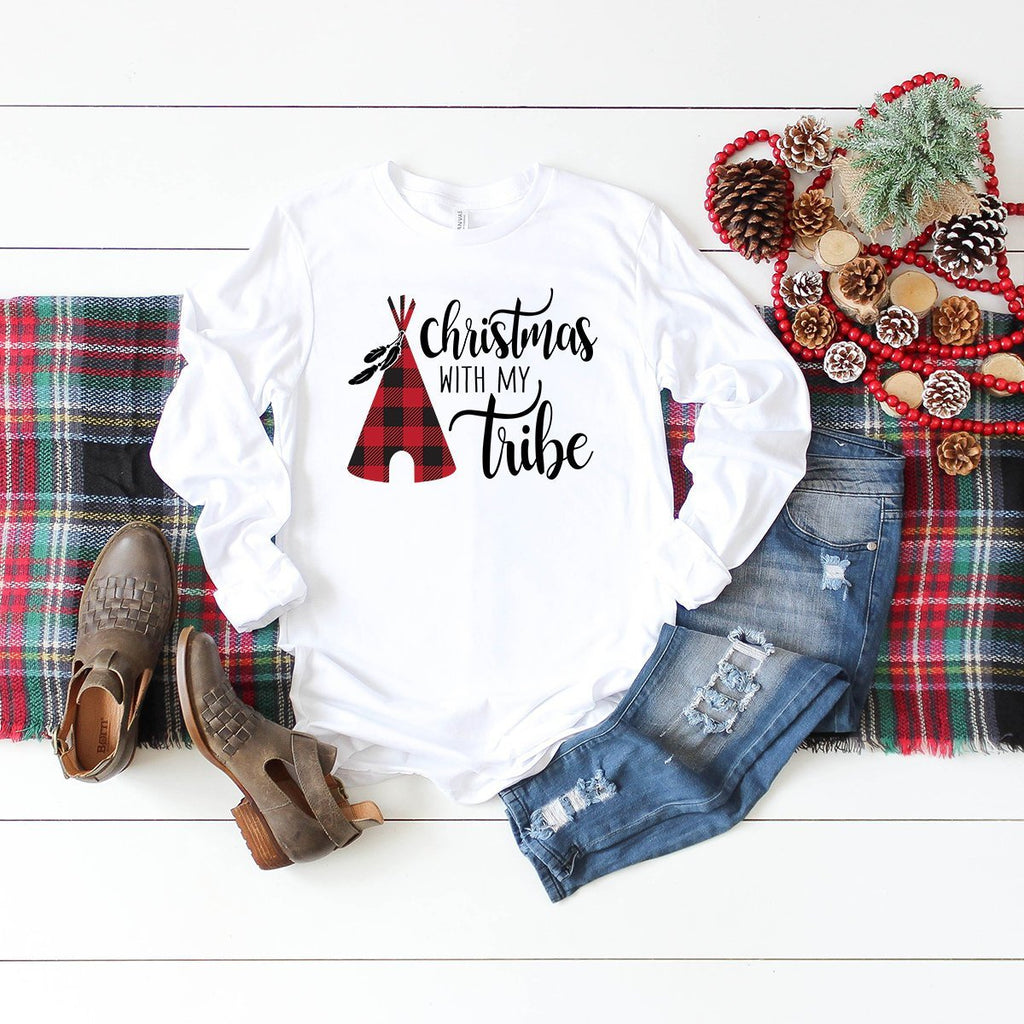 Christmas With My Tribe Long Sleeve Shirt - Buffalo Plaid Christmas Shirts - Family Matching Shirts - Christmas Pajamas - Bella Canvas Shirt