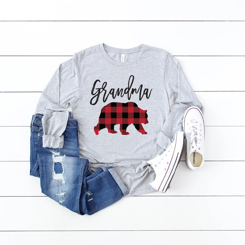 Grandma Bear Long Sleeve Shirt - Buffalo Plaid - Mom Shirt - Gifts For Mom - Bear Family Shirts - Grandma To Be - Bella Canvas