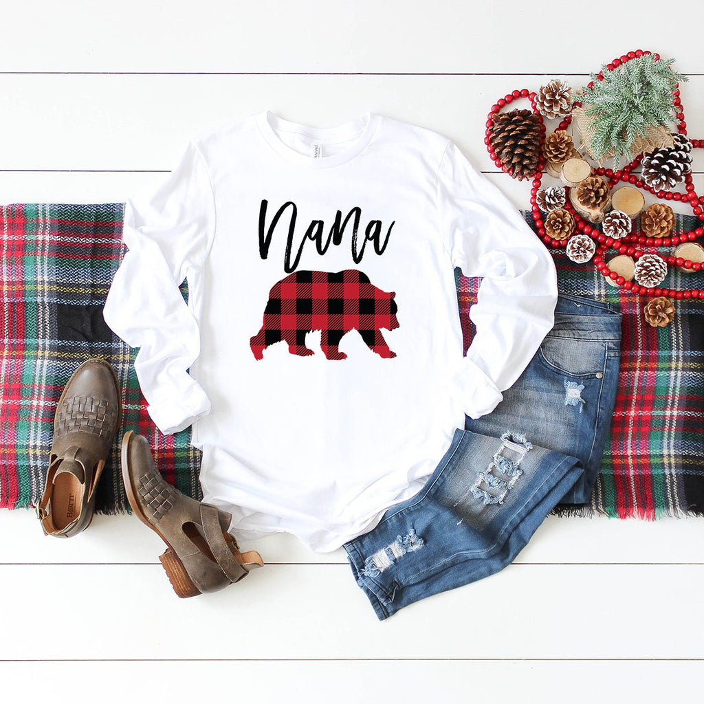 Nana Bear Long Sleeve Shirt - Buffalo Plaid - Mom Shirt - Gifts For Mom - Bear Family Shirts - Grandma To Be - Bella Canvas