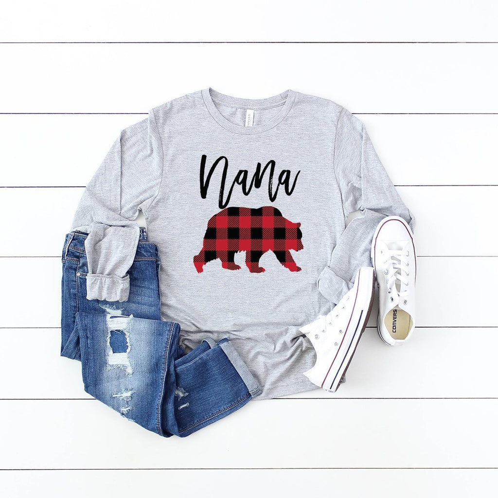 Nana Bear Long Sleeve Shirt - Buffalo Plaid - Mom Shirt - Gifts For Mom - Bear Family Shirts - Grandma To Be - Bella Canvas