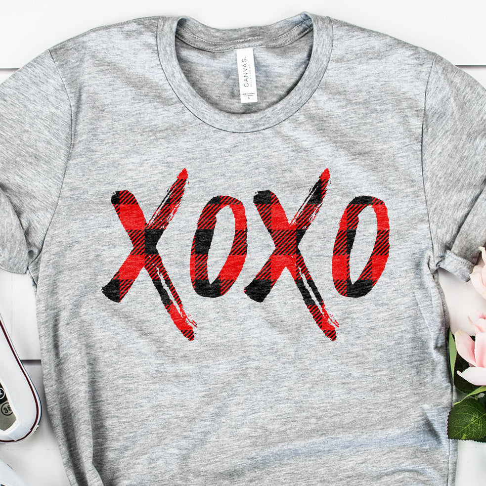 Valentines Day Shirt - XOXO Shirt - Red Buffalo Plaid - Vintage Distressed Design - Hugs And Kisses - Unisex Graphic Tee