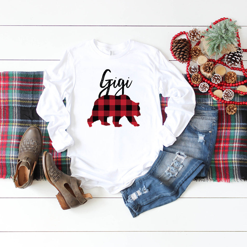 Gigi Bear Long Sleeve Shirt - Buffalo Plaid - Mom Shirt - Gifts For Mom - Bear Family Shirts - Grandma To Be - Bella Canvas