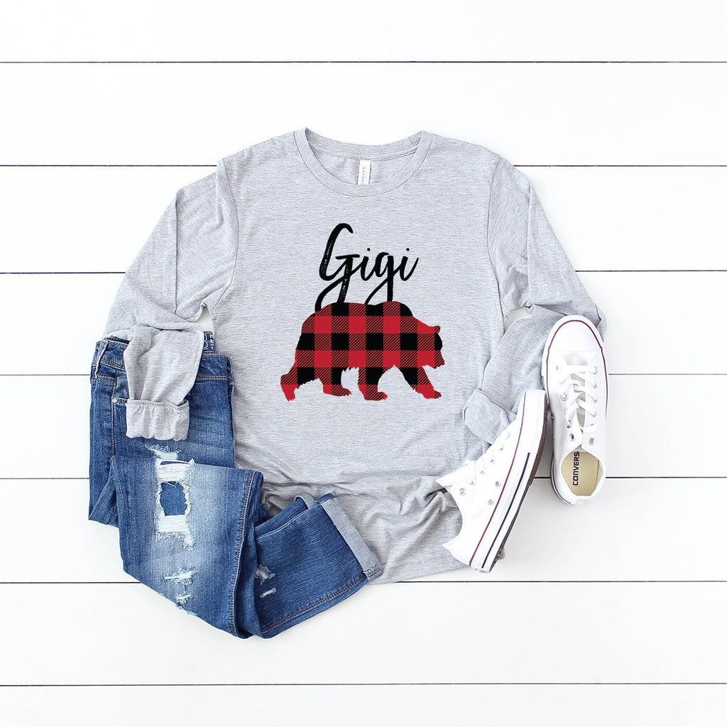 Gigi Bear Long Sleeve Shirt - Buffalo Plaid - Mom Shirt - Gifts For Mom - Bear Family Shirts - Grandma To Be - Bella Canvas