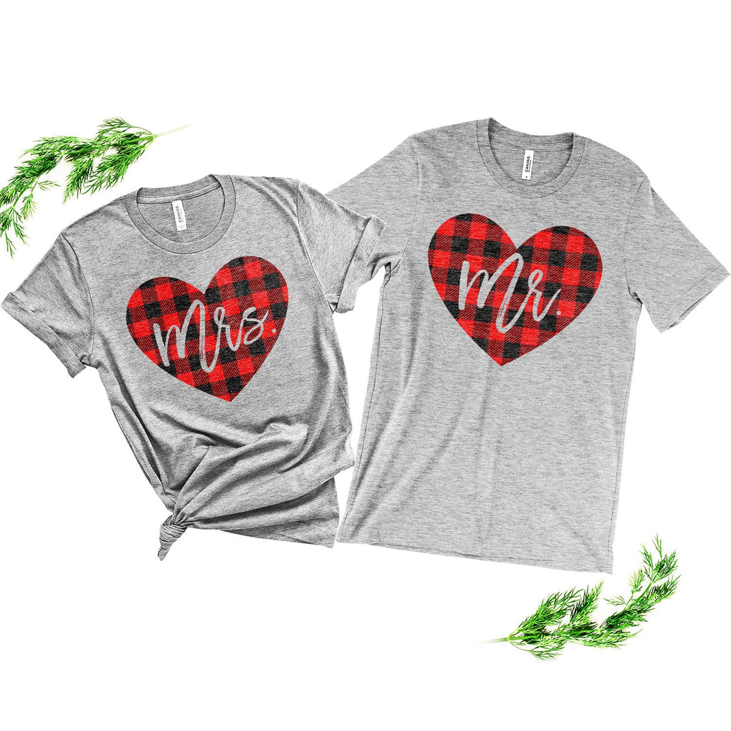 Couples Shirts - Mr And Mrs Shirts - His And Hers - Red Buffalo Plaid Heart - Valentines Day Gift For Him Her - Unisex Graphic Tee