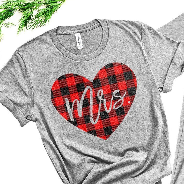 Couples Shirts - Mr And Mrs Shirts - His And Hers - Red Buffalo Plaid Heart - Valentines Day Gift For Him Her - Unisex Graphic Tee