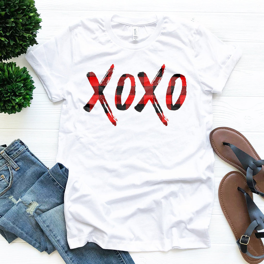 Valentines Day Shirt - XOXO Shirt - Red Buffalo Plaid - Vintage Distressed Design - Hugs And Kisses - Unisex Graphic Tee