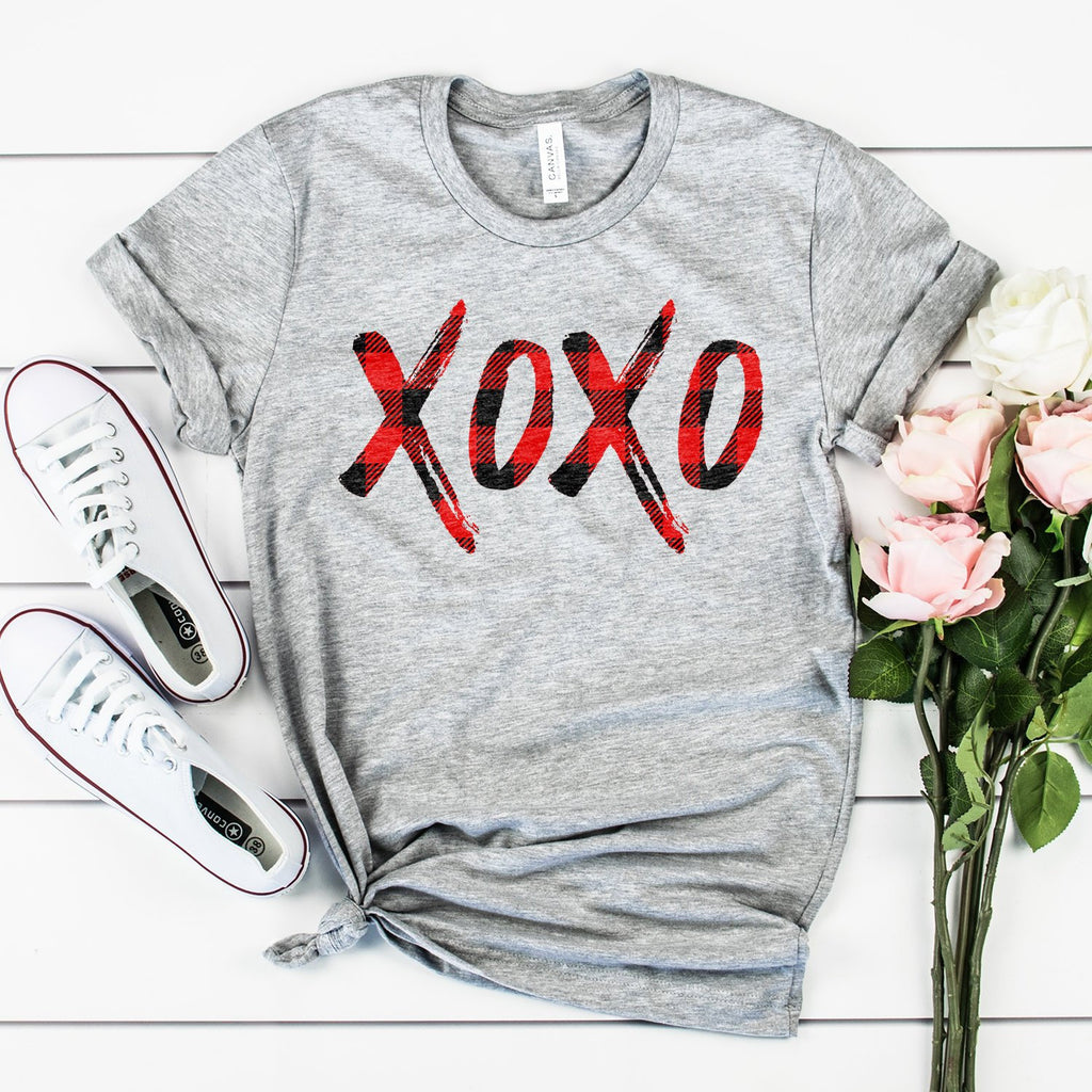 Valentines Day Shirt - XOXO Shirt - Red Buffalo Plaid - Vintage Distressed Design - Hugs And Kisses - Unisex Graphic Tee