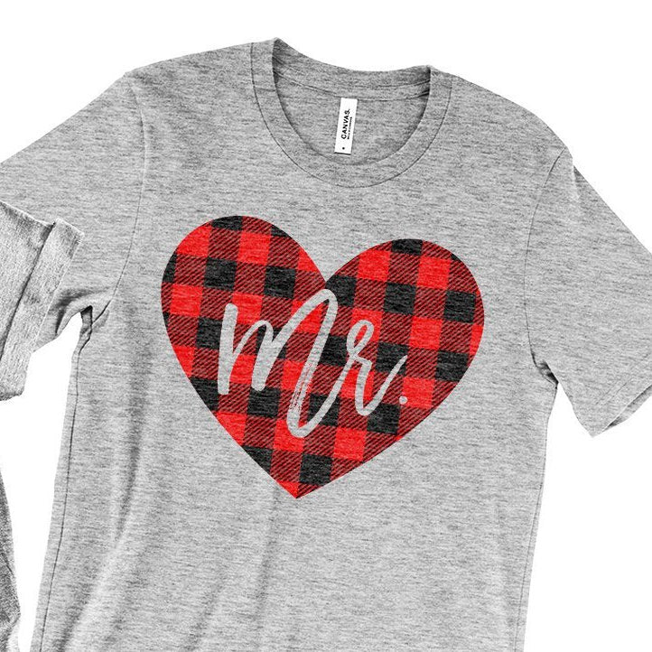 Couples Shirts - Mr And Mrs Shirts - His And Hers - Red Buffalo Plaid Heart - Valentines Day Gift For Him Her - Unisex Graphic Tee