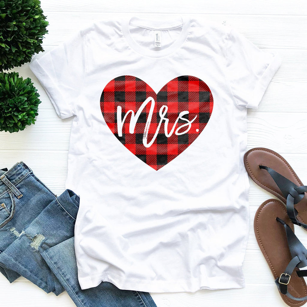 Couples Shirts - Mr And Mrs Shirts - His And Hers - Red Buffalo Plaid Heart - Valentines Day Gift For Him Her - Unisex Graphic Tee