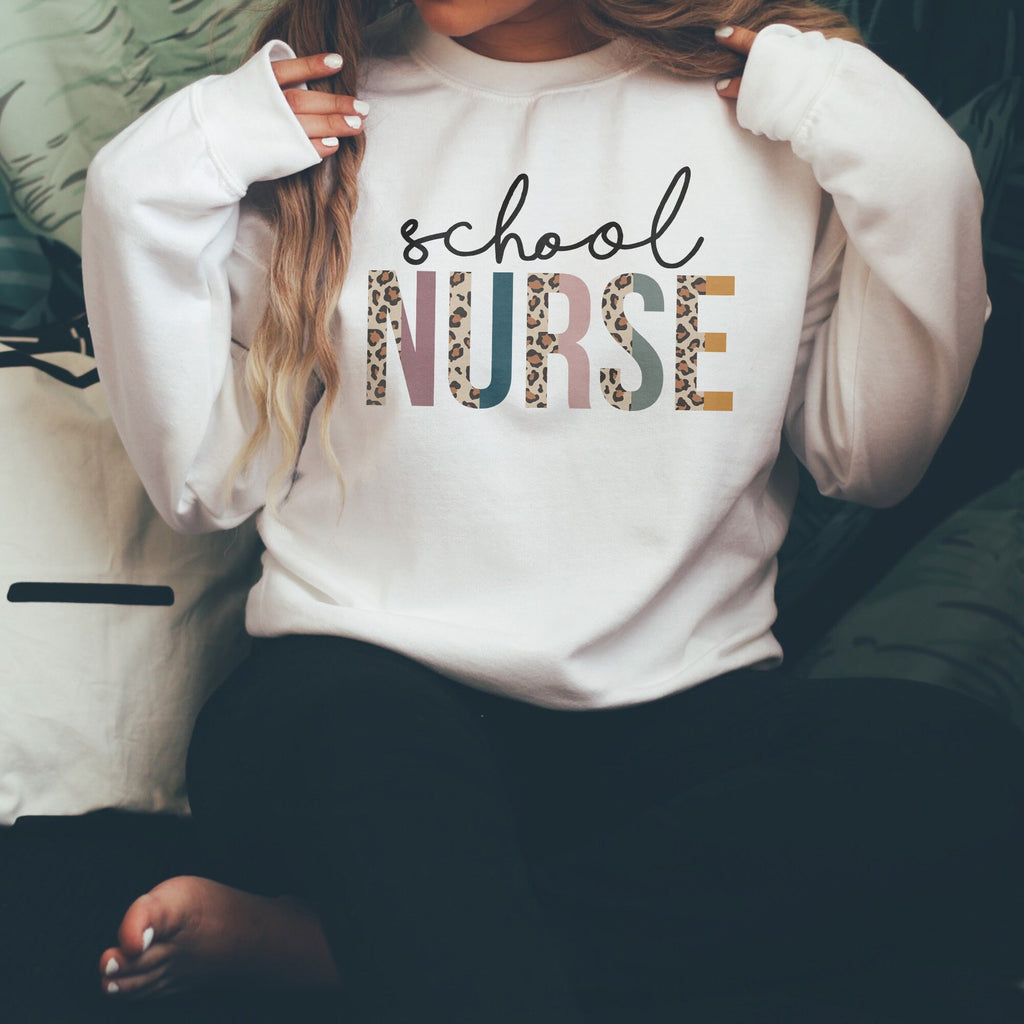 School Nurse Sweatshirt - Gift For Nurse - Elementary School - Nursing Student - Leopard / Cheetah - RN Shirts - Unisex Crewneck Sweatshirt