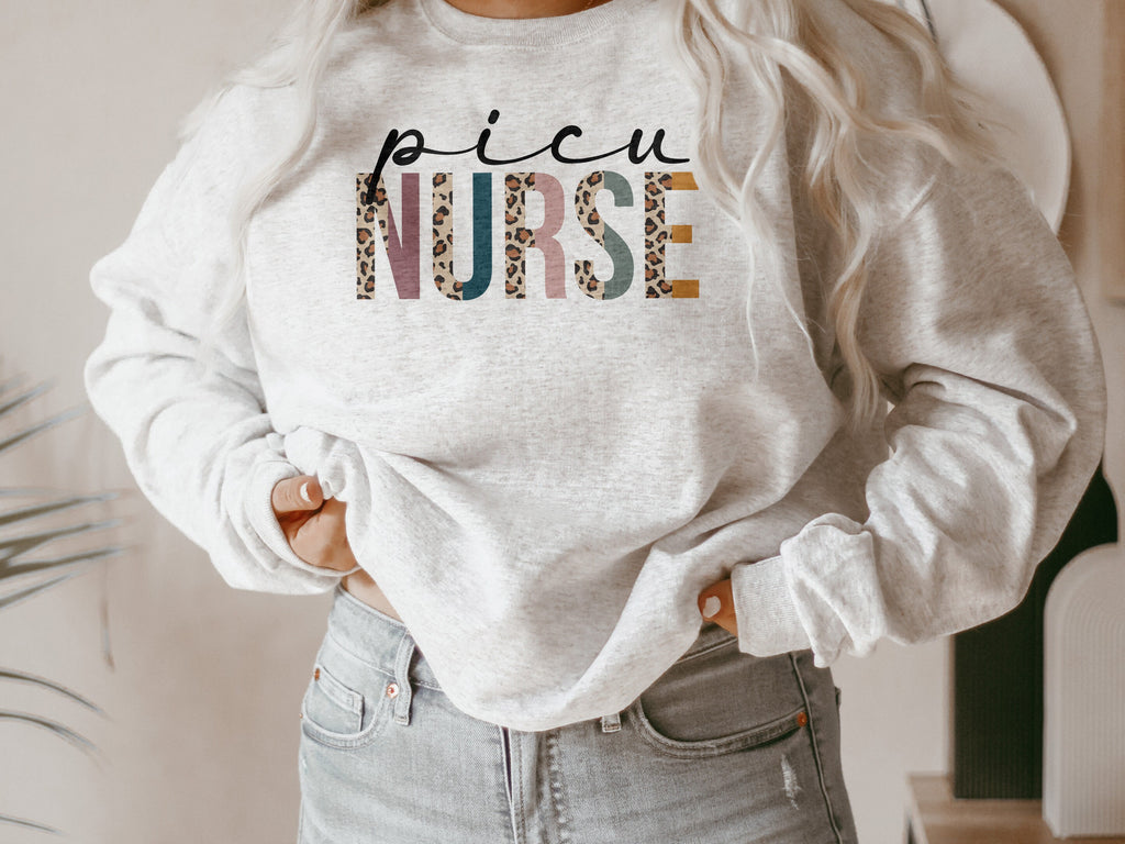 PICU Nurse Sweatshirt, Pediatric Intensive Care Unit, Student Nurse, Nursing School Grad, Leopard Cheetah, Unisex Crewneck Sweatshirt