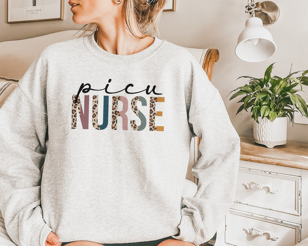 PICU Nurse Sweatshirt, Pediatric Intensive Care Unit, Student Nurse, Nursing School Grad, Leopard Cheetah, Unisex Crewneck Sweatshirt