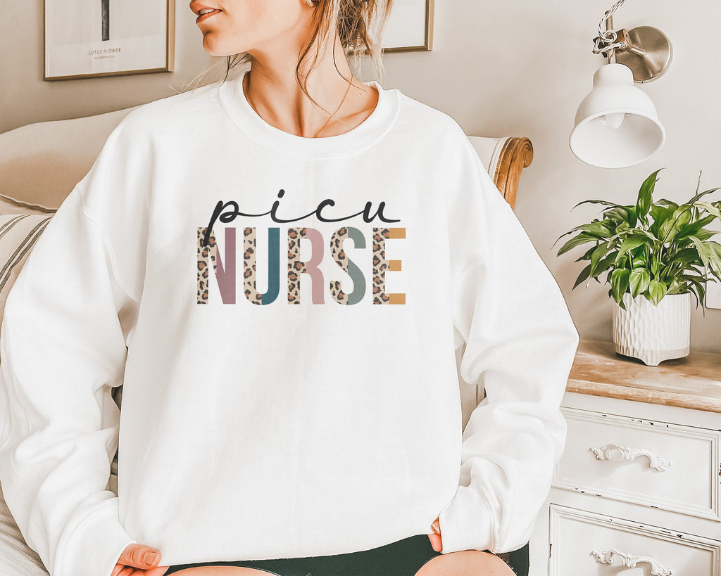 PICU Nurse Sweatshirt, Pediatric Intensive Care Unit, Student Nurse, Nursing School Grad, Leopard Cheetah, Unisex Crewneck Sweatshirt