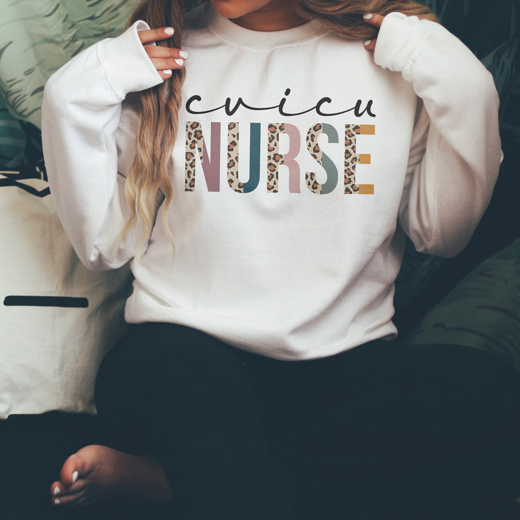 CVICU Nurse Sweatshirt, Leopard Print Cardiac Nurse, Cardiovascular Intensive Care Unit, RN bsn Gift, Unisex Crewneck Sweatshirt