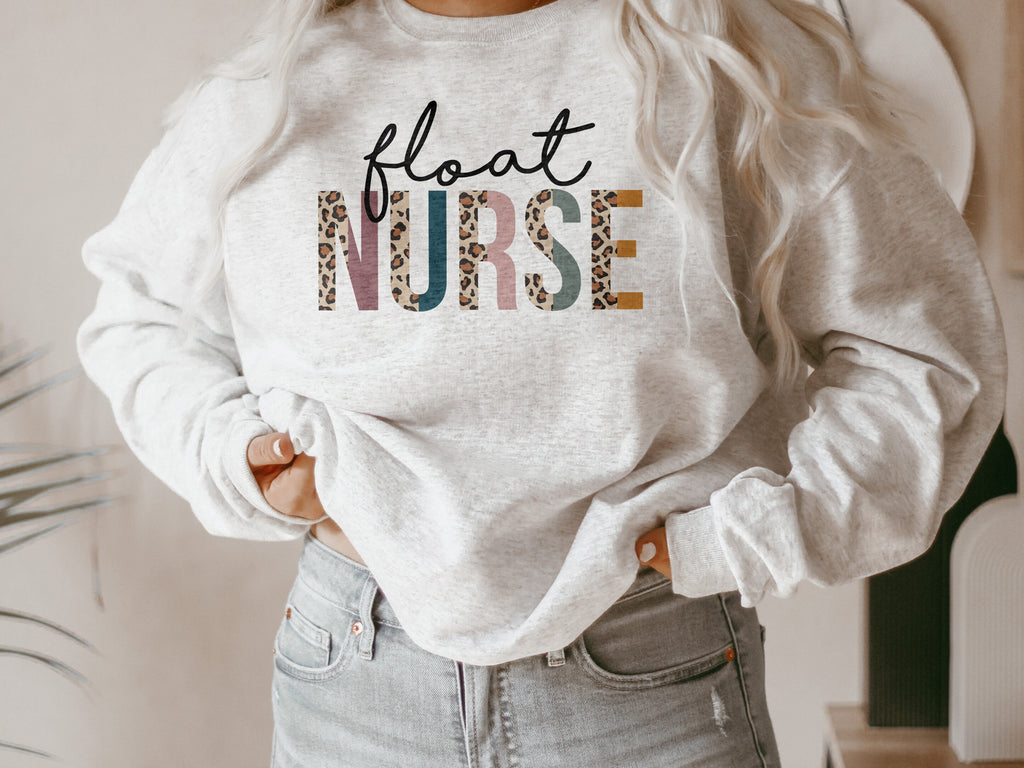 Float Nurse Sweatshirt - RN Shirt, Gift For Student Nurse - Nursing School Grad - Leopard / Cheetah - Unisex Crewneck Sweatshirt
