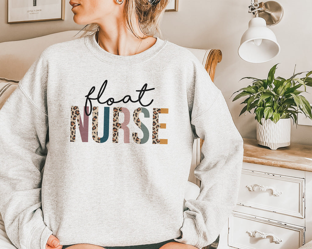 Float Nurse Sweatshirt - RN Shirt, Gift For Student Nurse - Nursing School Grad - Leopard / Cheetah - Unisex Crewneck Sweatshirt