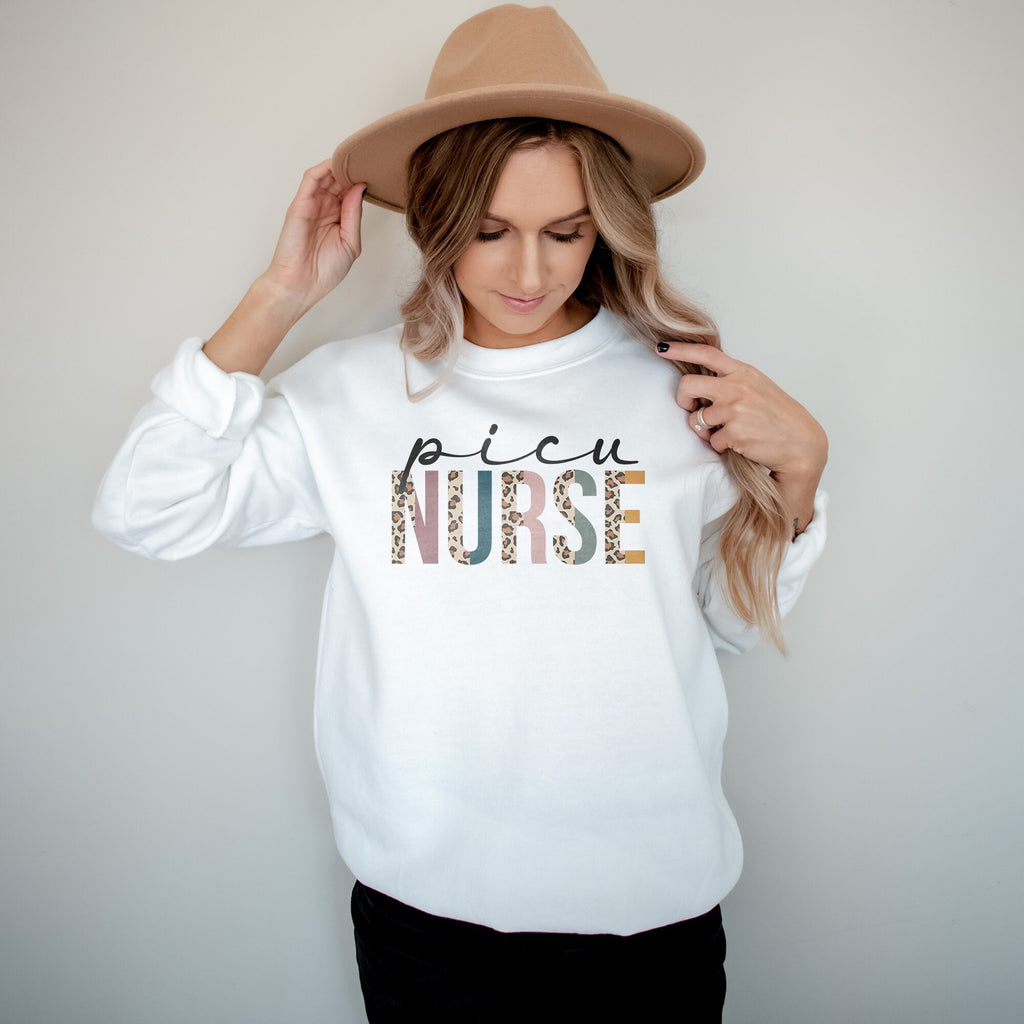 PICU Nurse Sweatshirt, Pediatric Intensive Care Unit, Student Nurse, Nursing School Grad, Leopard Cheetah, Unisex Crewneck Sweatshirt