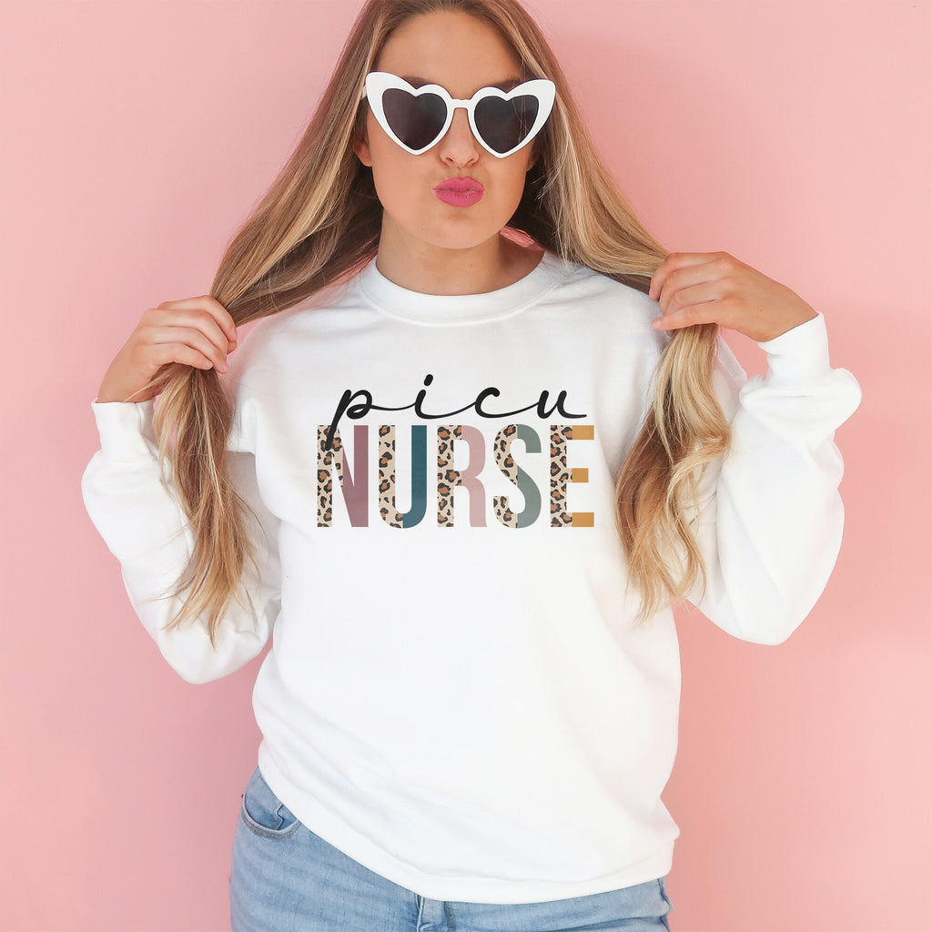 PICU Nurse Sweatshirt, Pediatric Intensive Care Unit, Student Nurse, Nursing School Grad, Leopard Cheetah, Unisex Crewneck Sweatshirt