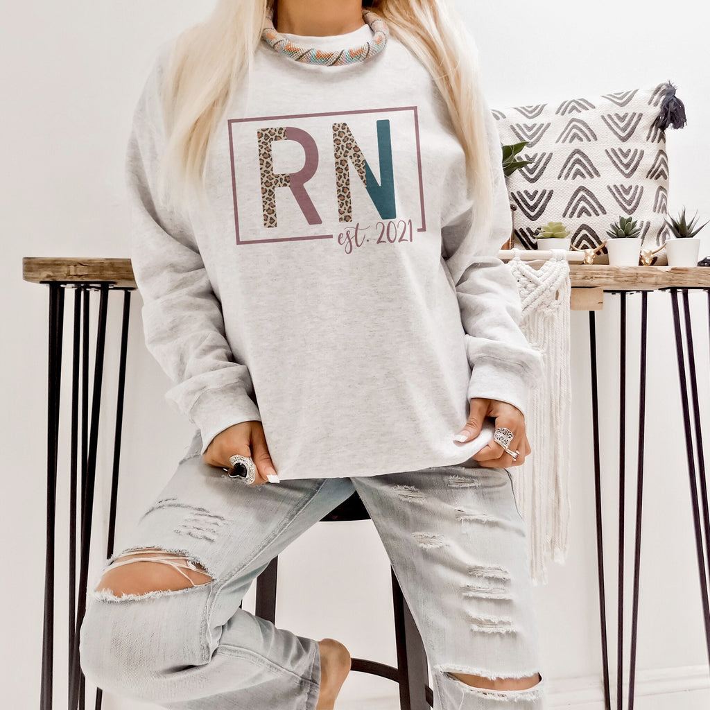 RN Sweatshirt - Nurse Established Est, Registered Nurse Shirt - Nursing School Grad - Leopard / Cheetah - Unisex Crewneck Sweatshirt
