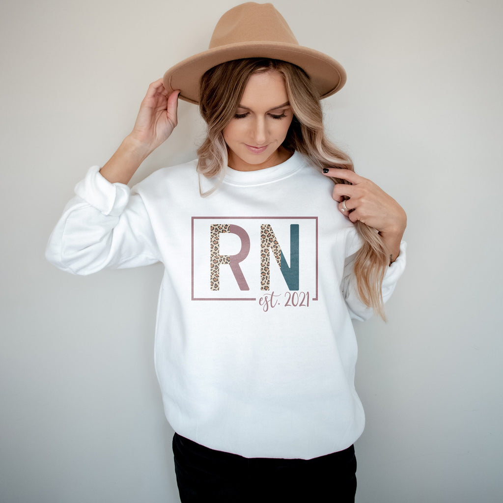 RN Sweatshirt - Nurse Established Est, Registered Nurse Shirt - Nursing School Grad - Leopard / Cheetah - Unisex Crewneck Sweatshirt