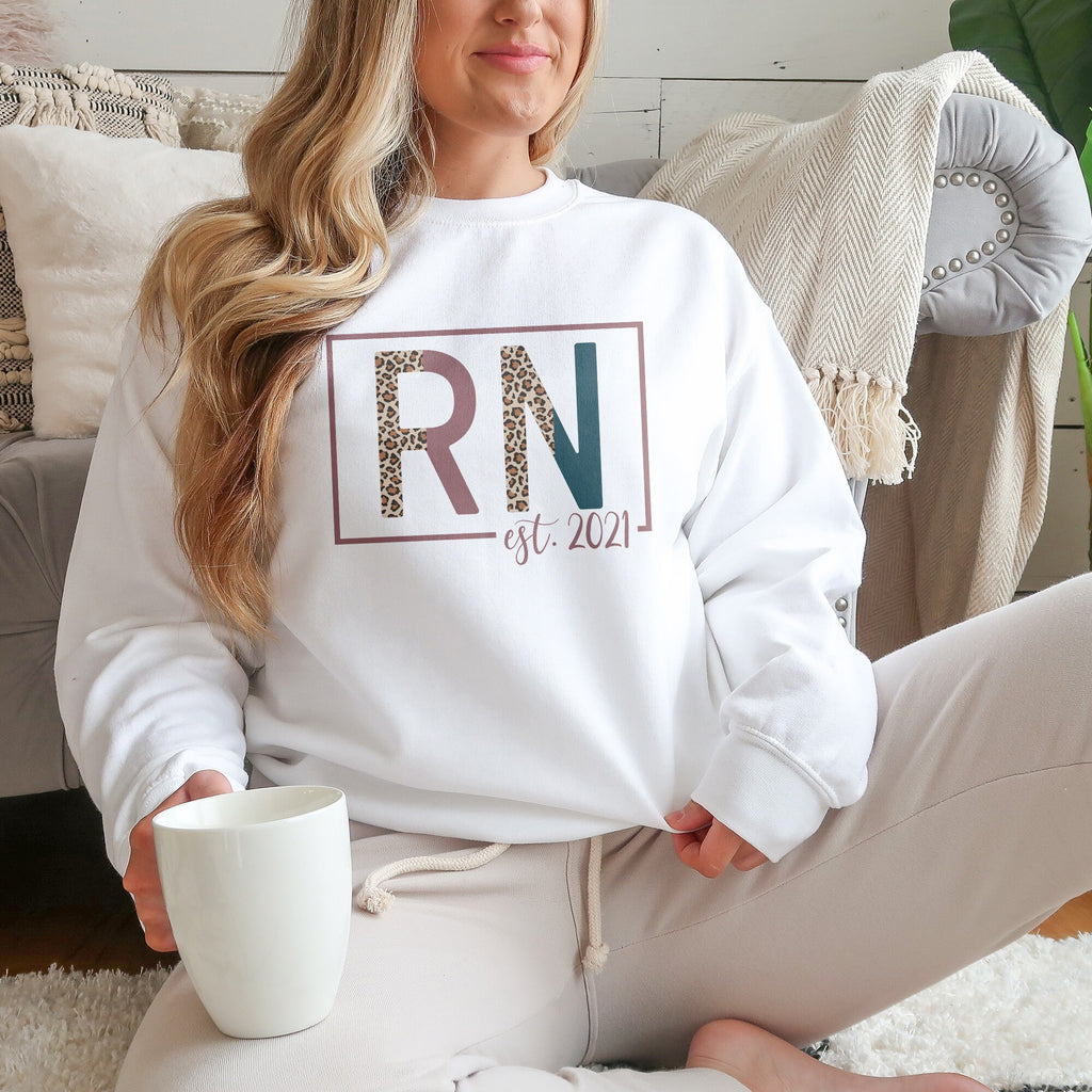 RN Sweatshirt - Nurse Established Est, Registered Nurse Shirt - Nursing School Grad - Leopard / Cheetah - Unisex Crewneck Sweatshirt