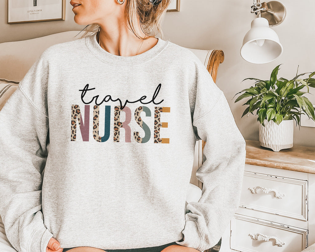 Travel Nurse Sweatshirt, Traveling Nurse Gift, Nurse Appreciation, Leopard/Cheetah, Nursing School Student Grad, Unisex Crewneck Sweatshirt