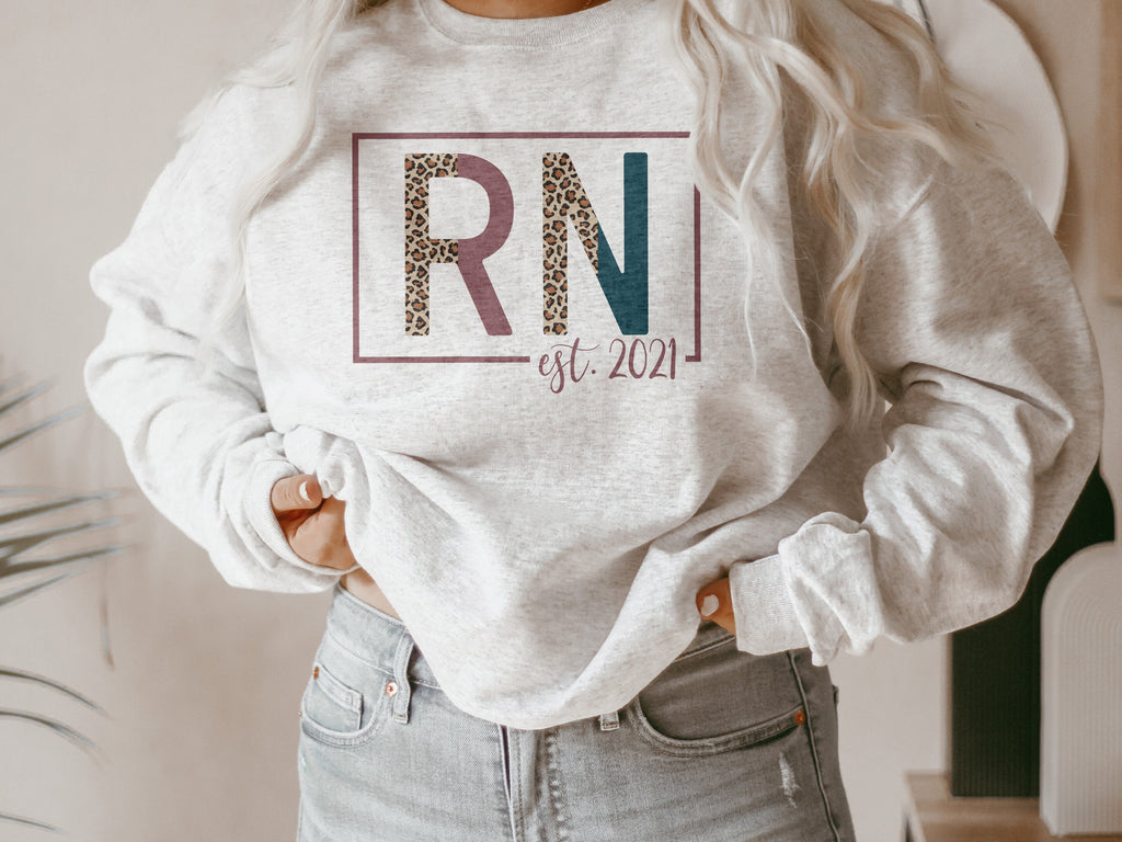 RN Sweatshirt - Nurse Established Est, Registered Nurse Shirt - Nursing School Grad - Leopard / Cheetah - Unisex Crewneck Sweatshirt