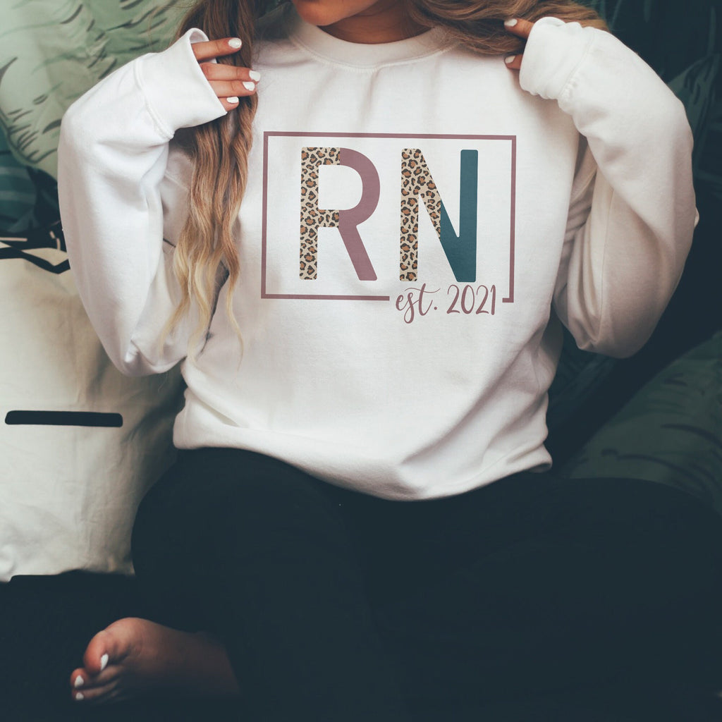 RN Sweatshirt - Nurse Established Est, Registered Nurse Shirt - Nursing School Grad - Leopard / Cheetah - Unisex Crewneck Sweatshirt