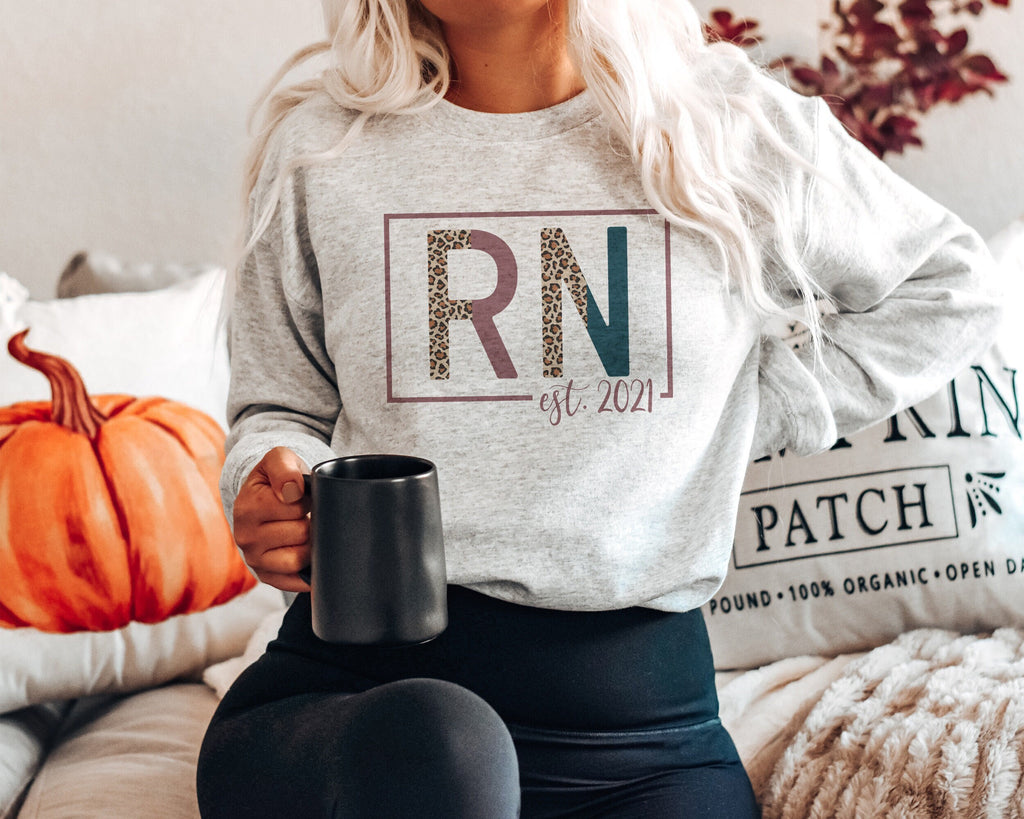 RN Sweatshirt - Nurse Established Est, Registered Nurse Shirt - Nursing School Grad - Leopard / Cheetah - Unisex Crewneck Sweatshirt