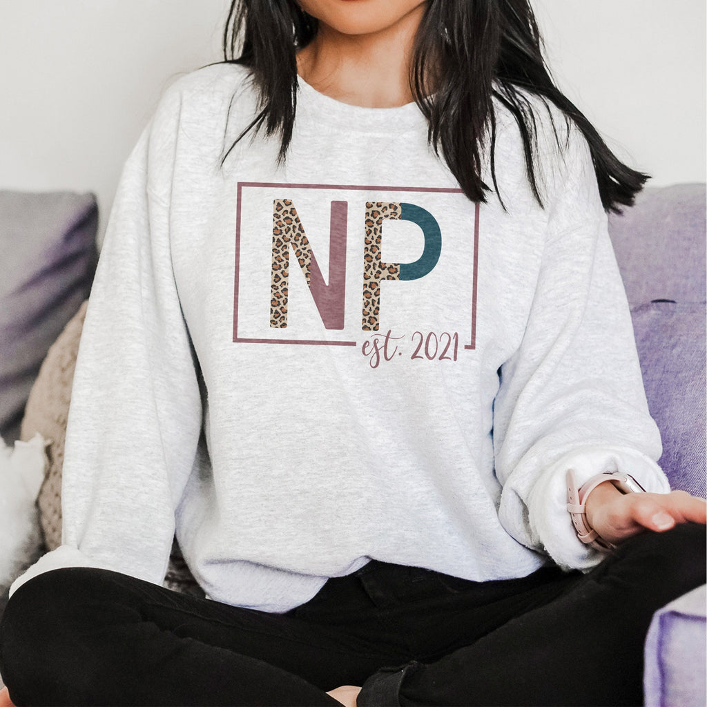 NP Sweatshirt - Nurse Established Est, Nurse Practitioner Shirt - Nursing School Grad - Leopard / Cheetah - Unisex Crewneck Sweatshirt