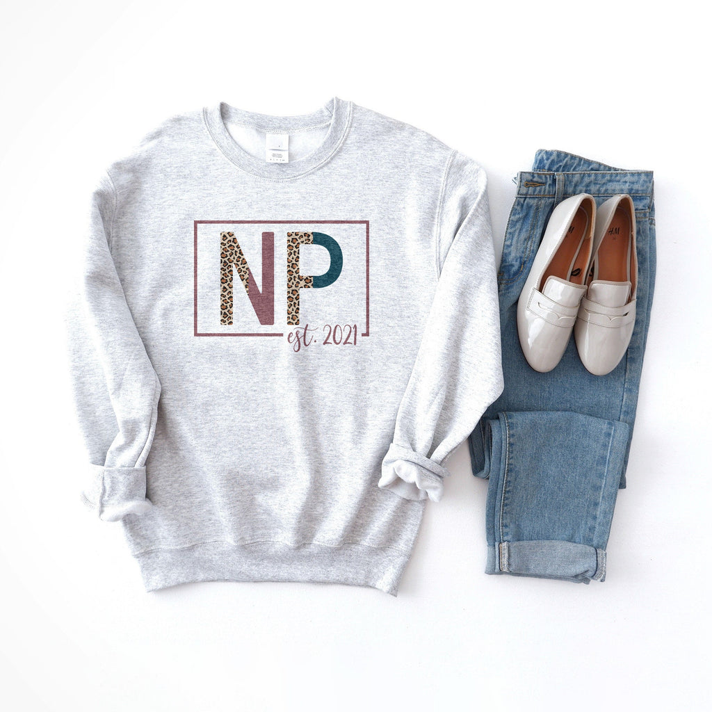 NP Sweatshirt - Nurse Established Est, Nurse Practitioner Shirt - Nursing School Grad - Leopard / Cheetah - Unisex Crewneck Sweatshirt
