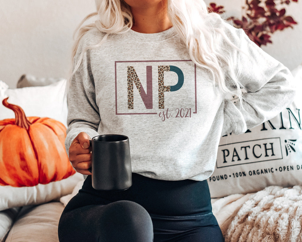 NP Sweatshirt - Nurse Established Est, Nurse Practitioner Shirt - Nursing School Grad - Leopard / Cheetah - Unisex Crewneck Sweatshirt