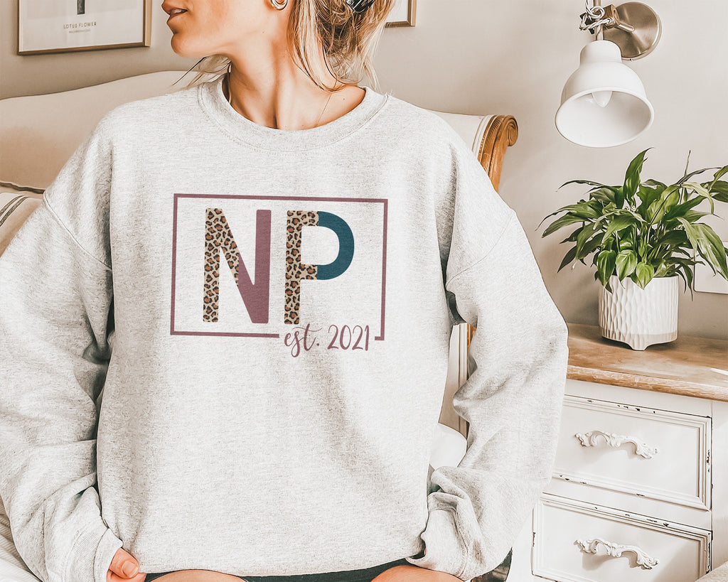 NP Sweatshirt - Nurse Established Est, Nurse Practitioner Shirt - Nursing School Grad - Leopard / Cheetah - Unisex Crewneck Sweatshirt